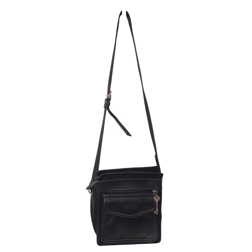 Fossil Black Leather Crossbody Bag Signature Key Charm Organizer 75082 9 x 8 - Picture 2 of 16